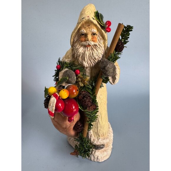 Vintage Folk Art Santa Figurine 7.5" Hand-Painted Resin With Sack & Garland - Picture 2 of 8